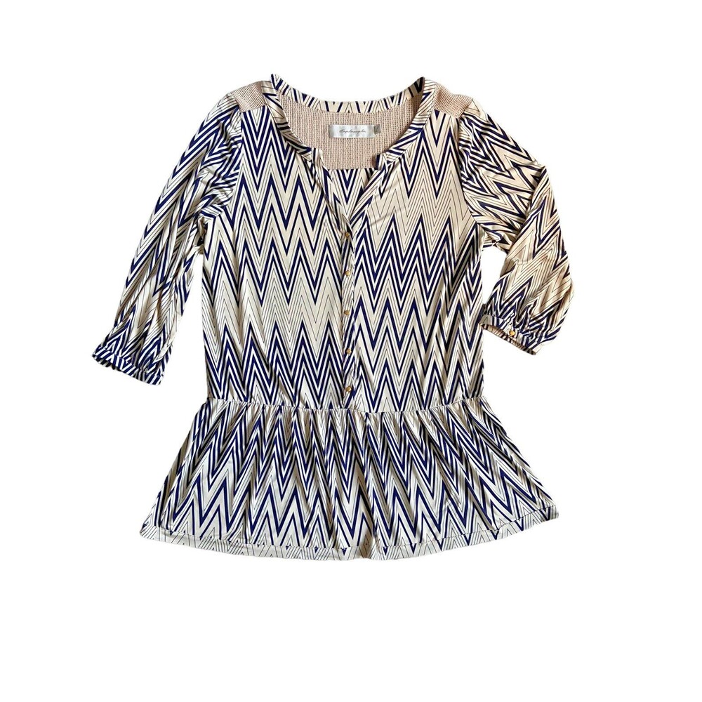 Womens Chevron Peplum Blouse Size L Blue Ivory Statement Workwear Gold Buttons